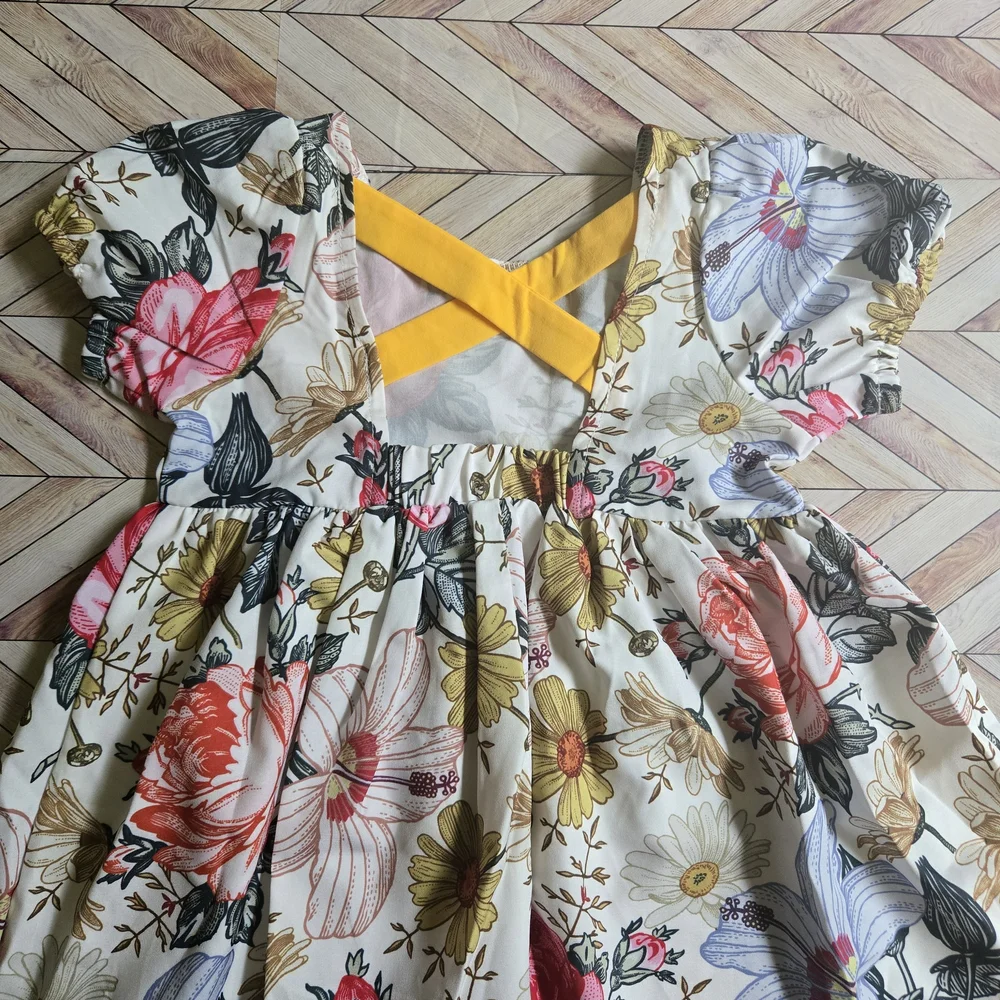 Vintage-Inspired Floral Girl's Dress Boho Garden Party Puff Sleeve Sundress 5-6Y
